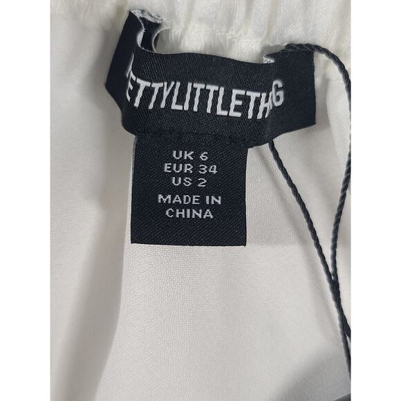 Pretty Little Thing White Satin Bardot twist front crop top women's blouse Sz 2 - Picture 7 of 12